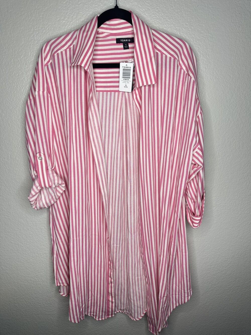 NEW Torrid Kimono Shirt Womens 1X Pink White Striped Open Front Lightweight Long
